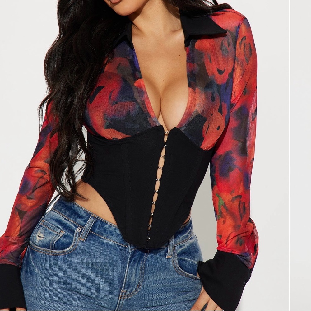 Fashion Nova Red and Black Long Sleeve Bustier Bodysuit